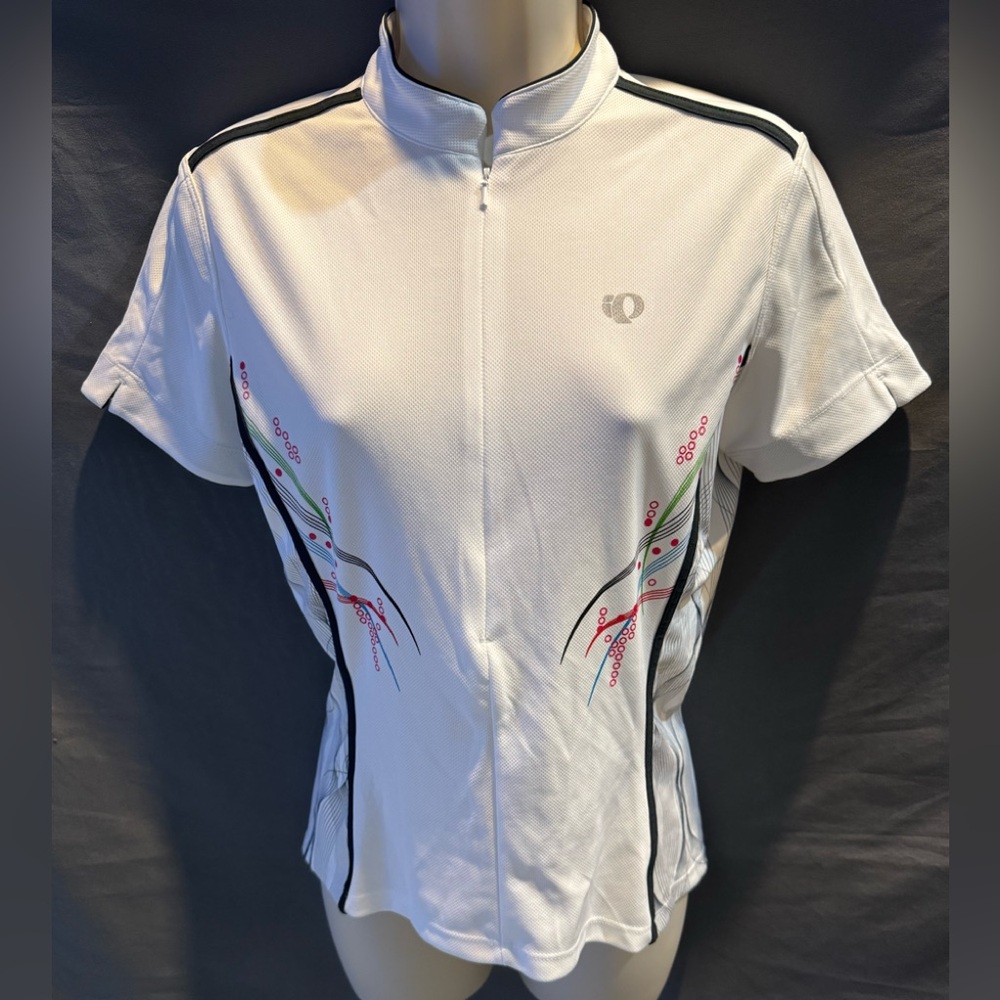 🎀 Womens Bicycle Shirt Short Sleeve Half Zip Back Pockets White Black Accents M